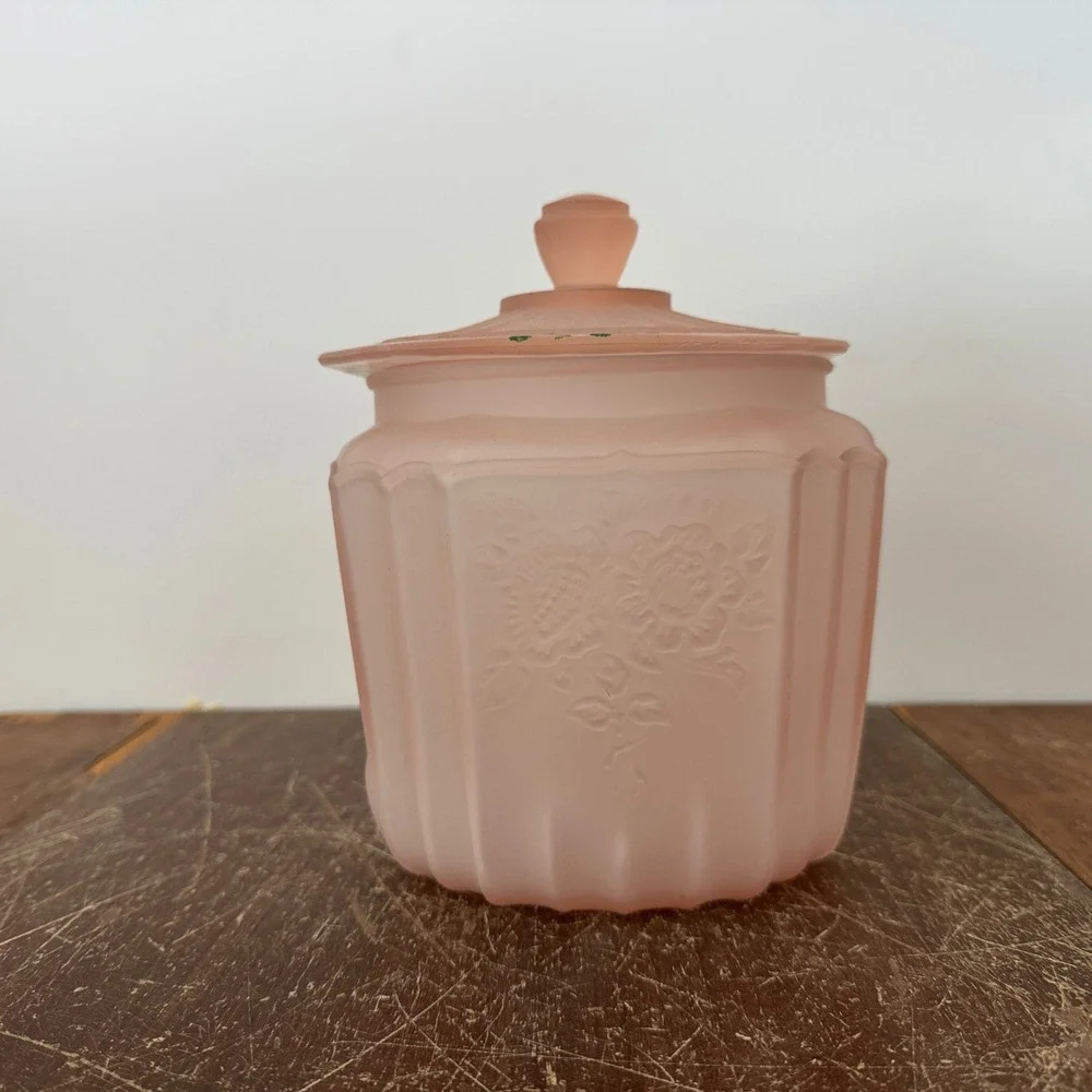 Antique Pink Depression Frosted Satin Glass Biscuit Jar Hand Painted Floral‎ Lid